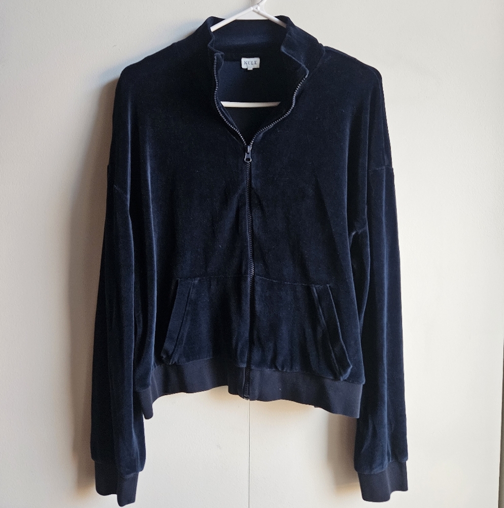 Kule Navy Velour Cotton Long Sleeve Zip-Up Jacket in Women's L